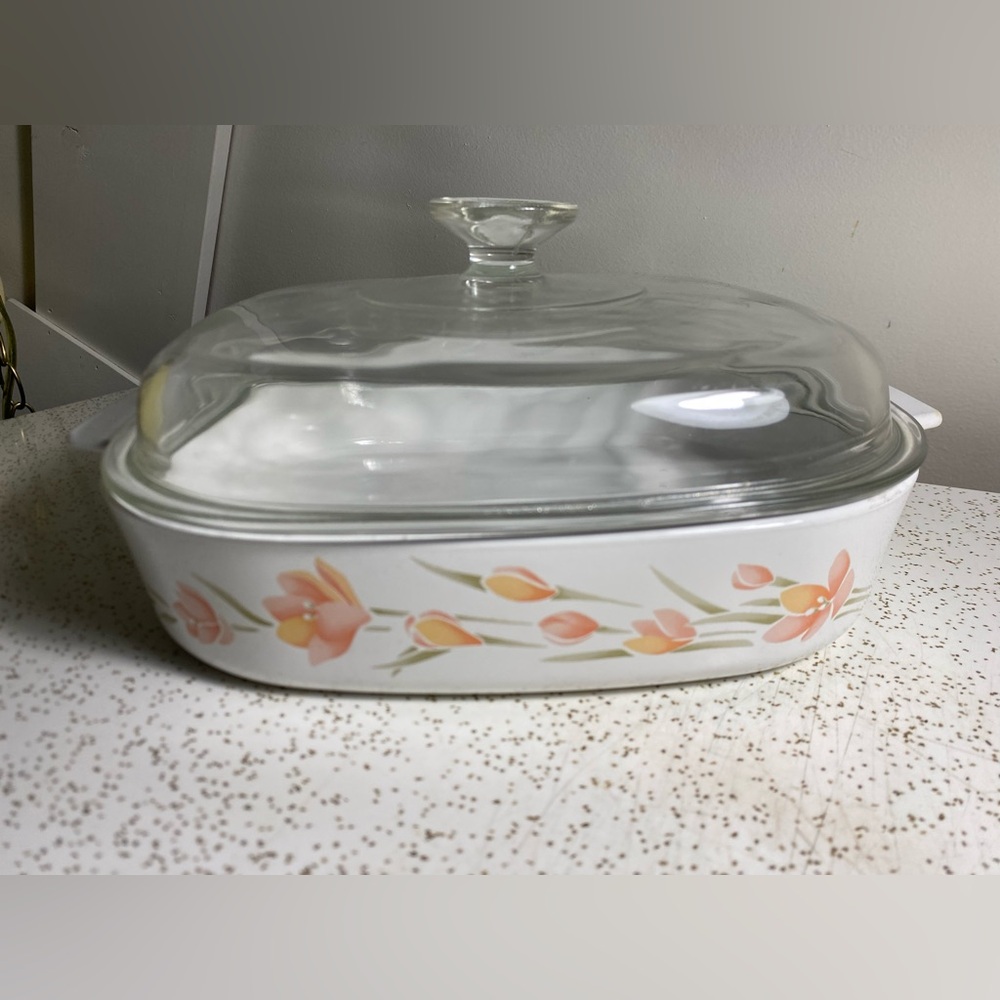 Vintage Corningware Peach Floral casserole with lid